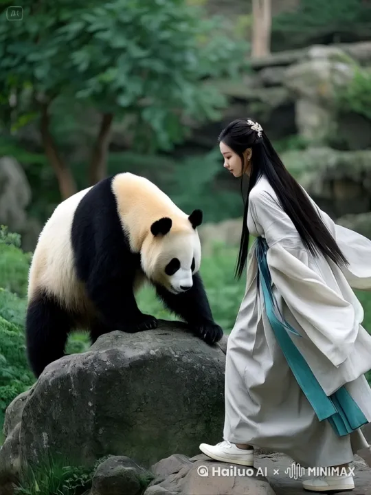 图中美女从岩石旁走过去，回头看了一眼大熊猫，露出那漂亮的一笑，大熊猫也看了看美女，心里想这美女好漂亮，也朝美女招手。摄影风格，HDR，8K超高清，视频动作流畅，无变形，无扭曲 by Hailuo AI Video Generator