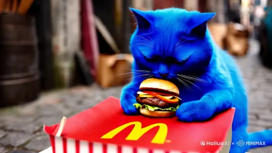 一只蓝色的胖猫在吃麦当劳 by Hailuo AI Video Generator