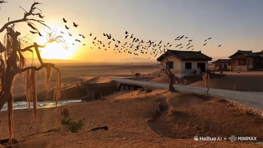 夕阳下，戈壁滩，枯藤老树昏鸦，小桥流水人家，古道西风瘦马。 by Hailuo AI Video Generator