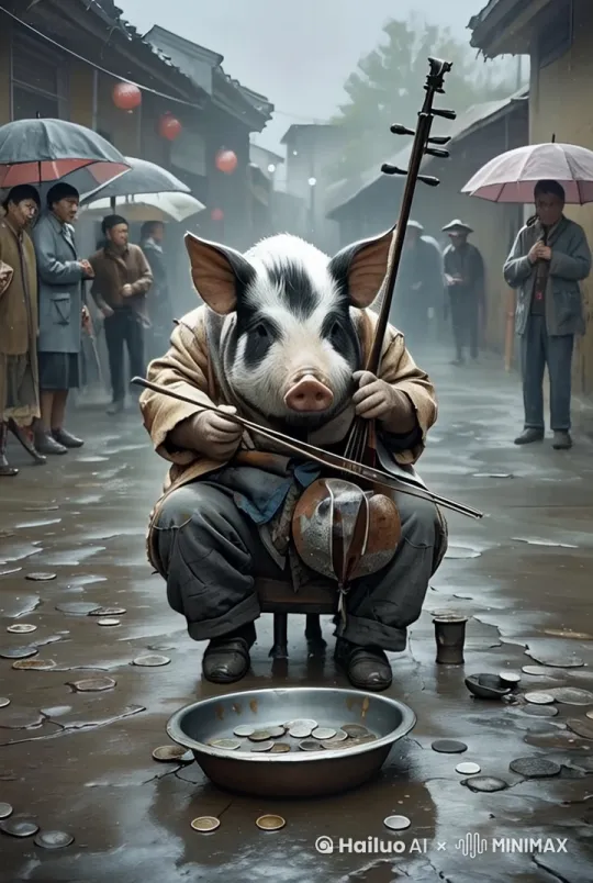 画面展现一个具有拟人化形象的猪,穿着破旧的棕色上衣和灰色裤子,坐在小巷中的凳子上,专注地拉着二胡。小巷地面湿漉漉的,散落着一些硬币,前方放置着一个装钱的金属盆。背景中有撑着雨伞的行人,他们穿着复古的服装,小巷两侧是古旧的建筑,挂着红灯笼,营造出一种烟雨蒙蒙的老时光氛围。视频中要突出猪的神情和拉二胡的动作,以及周围行人的动态,展现出一幅充满生活气息的街头卖艺场景。 by Hailuo AI Video Generator