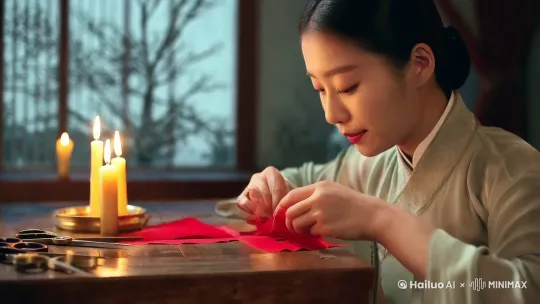 镜头画面：一个年轻女孩，二十岁左右，身穿新中式的裙子，她坐在桌前，手里拿着一张红纸和剪刀，正在认真地剪一个窗花。
他抬起头看向镜头，似乎在思考“剪纸背后的秘密”，然后低头继续剪。
背景搭配：桌上有蜡烛、老式剪刀等道具，营造传统感，窗外隐约能看到夜晚的树影摇动，增加悬疑氛围。 by Hailuo AI Video Generator