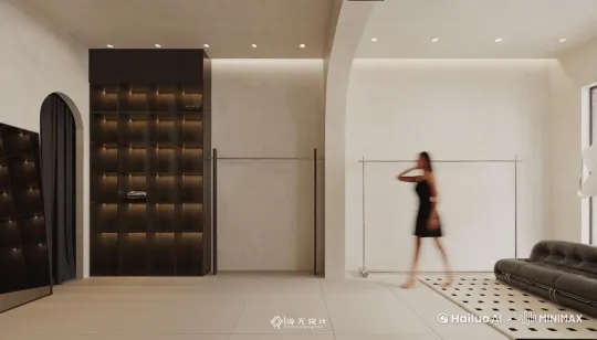 女人 在走路，挑选衣服 在柜子的位置拿裤子 by Hailuo AI Video Generator
