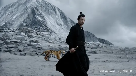一个男人缓缓地走到大山底下，仰望这个山体。突然间看见山上窜出一只巨大的白毛老虎 ，男子紧紧握住手中的长刀。拔出长刀向着巨虎冲去，老虎同时也像男子冲去 ，刹那间 男人手里的刀 砍在老虎的身上顿时鲜血染红了男子的黑衣 by Hailuo AI Video Generator