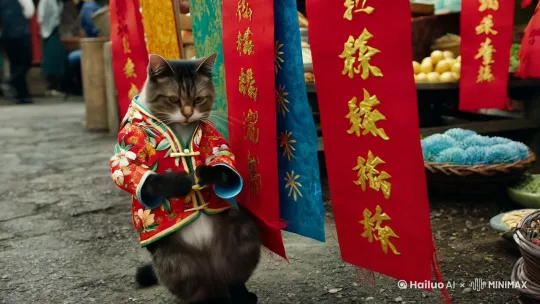 一只拟人化的穿着中国传统节日花布棉袄农村猫，正在农村大集上赶年集，正在精心挑选春节对联，极简，虚实对比，动态模糊，大光圈，节日气氛，新闻摄影，纪实摄影，超现实主义。  by Hailuo AI Video Generator