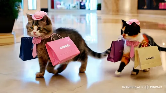 两只小猫，一只金渐层一只田园三花猫像人一样穿着华丽的小香风套装，头戴精美小礼帽，在豪华商场里逛街，胳膊上挎着大大小小的购物袋 by Hailuo AI Video Generator