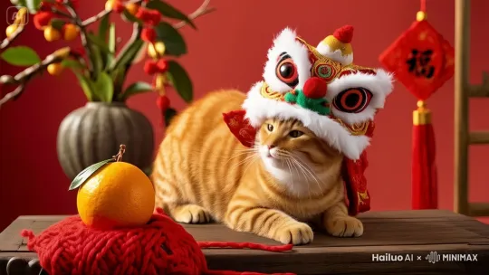 猫在玩红色毛线，动态变化，欢快氛围，温馨美好 by Hailuo AI Video Generator