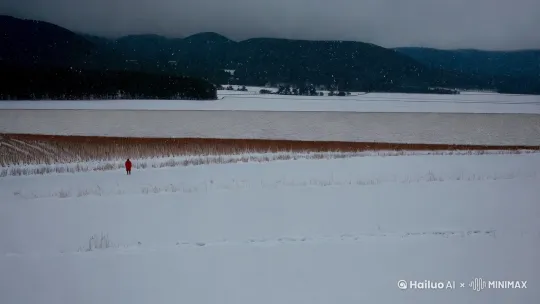 空旷的田野，远处是青山，整个场景被雪覆盖，天空中飘着雪花，镜头横移缓慢运动。一个穿红色衣服的男子，从远处慢慢走入画面。 by Hailuo AI Video Generator