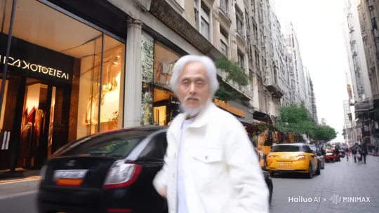 超高速POV镜头拍摄一个穿着白色时尚潮流服饰的老头在LV门店门口跳街舞，画面聚焦于玩偶大幅度移动后，最后慢动作定格， by Hailuo AI Video Generator