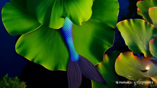 巨大的莲花开放，花芯里边有一条古风美人鱼 by Hailuo AI Video Generator