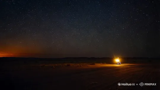 深夜满天繁星在一空旷无垠的地方一辆科幻十是的摩托在飞驰 by Hailuo AI Video Generator