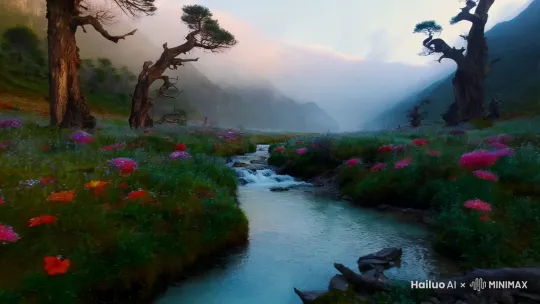 0:05 全景 云雾缭绕的山谷，一条清澈的小溪蜿蜒而过，溪边盛开着五彩斑斓、不知名的奇异花朵，花瓣上挂着晶莹的露珠。远处，山峦起伏，山顶在云雾中若隐若现，山腰处有几棵古老的松树，树枝盘曲伸展。 旁白：“在这尘世之外，有一处神秘仙境。” 轻柔的风声、鸟鸣声、流水声交织的自然音效 山间谷地 by Hailuo AI Video Generator