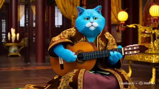 蓝色胖猫穿着清朝的衣服弹吉他 by Hailuo AI Video Generator