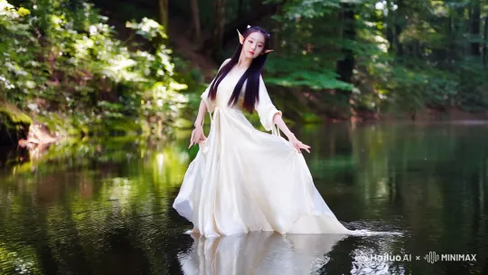 一位精灵美少女，东方面孔，黑色长发，腰细腿长，尖耳朵，穿白色真丝裙装，背景森林中的静怡湖泊，精灵美少女在跳舞，她踩着水面而不沉，只在湖面上激起涟漪。 by Hailuo AI Video Generator
