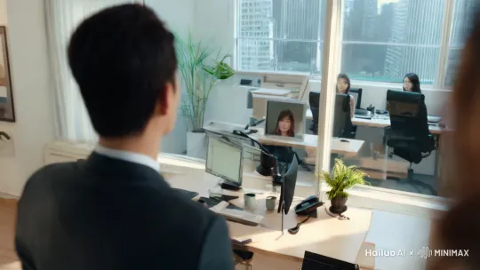 一个中国男人 在办公室的办公桌前低头工作 转过头看见外面来了一个女人 瞬间表情惊喜 欲言又止 又有些局促 好像好多年没见  然后头转回来 表情呆滞 强壮镇定 尴尬的笑了一下  by Hailuo AI Video Generator