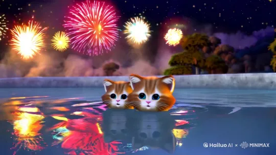新年的晚上，两只可爱的卡通小猫在泡温泉，背后的天空有烟花绽放 by Hailuo AI Video Generator