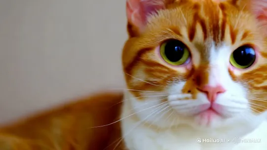 "绘制一只橘白相间的猫咪，特征包括大而圆的黑色眼睛，直视镜头，表情可爱纯真。背景为简单的浅色，如灰色或米色，以突出猫咪的面部特征。风格简洁，突出宠物摄影的亲密感。" by Hailuo AI Video Generator