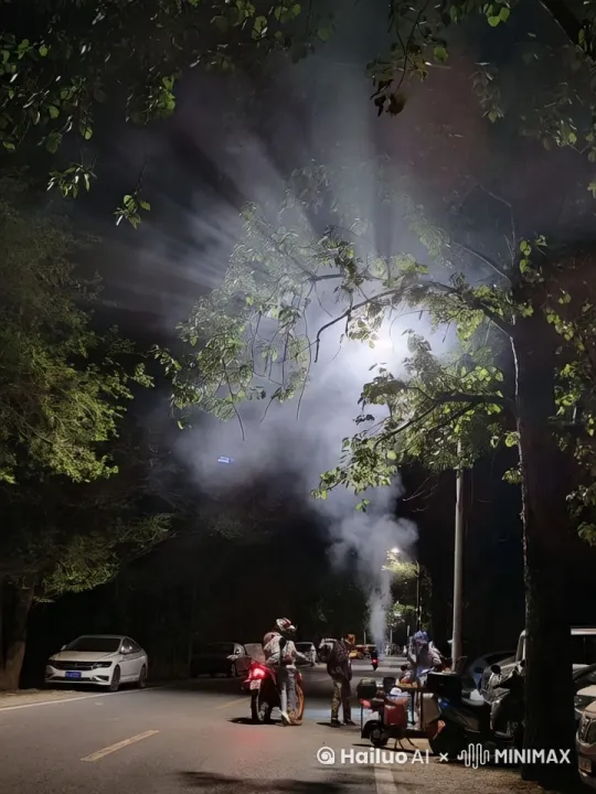 宁静的夏天晚上，柏油马路旁边，一个烧烤小摊位，升起徐徐烟火气，在路灯下显得格外有生活气息！ by Hailuo AI Video Generator