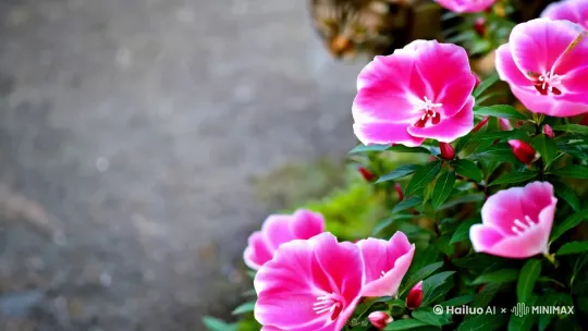 粉色的海棠花在风中凌乱的飘摇，一只狸花猫优雅的走过 by Hailuo AI Video Generator