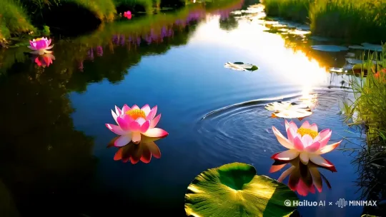 视角：从水面逐渐上移到天空
画面内容：一朵朵含苞欲放的荷花漂浮在波动的水面上，溪水澄澈透亮，两岸花草盛放，正值夏日，天空中万里无云，天空蓝的很纯净，太阳在右上角绽放 by Hailuo AI Video Generator