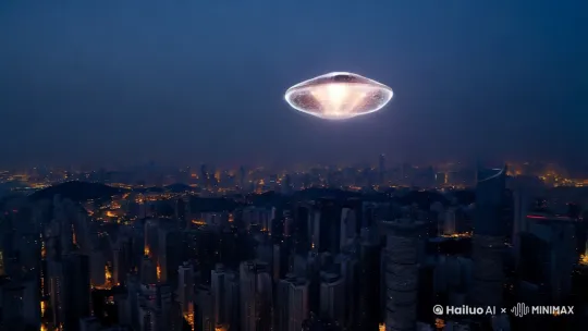 在中国广州上空，远景被高楼大厦遮蔽，夜晚，一只透明椭圆形发着光的不明飞行物在高空盘旋，晴空万里无云 by Hailuo AI Video Generator