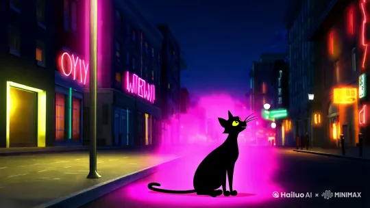 日漫风格。在城市街道的一角，一只黑猫蹲伏在路灯下，注视着远处的霓虹灯光，突然一道粉色光芒从天而降，迅速包裹住她的身体。黑猫在光芒中腾空而起，黑色的毛发消散在空气中，身体迅速变长。她的皮毛变成一件黑色的女仆装，勾勒出诱人的轮廓。猫儿消失，脸部轮廓逐渐清晰，最终化为一张美丽而冷峻的少女面孔。她轻巧地落在地上，女仆装在夜风中微微飘动，粉光渐渐褪去，宛如一位从未来世界中走出的神秘女仆，优雅而自信。 by Hailuo AI Video Generator