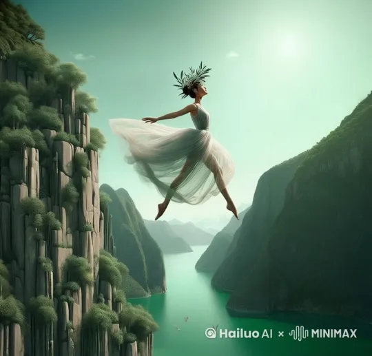 幽静的山谷，少女翩然地在天空扶摇直上，姿势优雅高贵犹如天使一般，微风吹动江水，雾气迷蒙，诗意浪漫浩渺 by Hailuo AI Video Generator