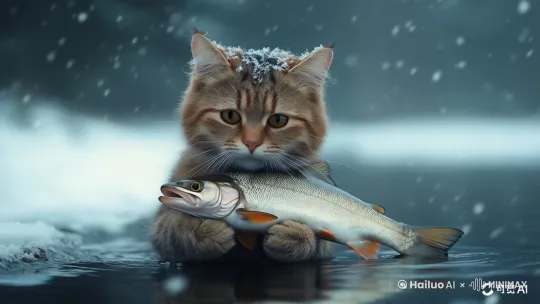 雪中冰面下捞出鱼的猫咪 by Hailuo AI Video Generator