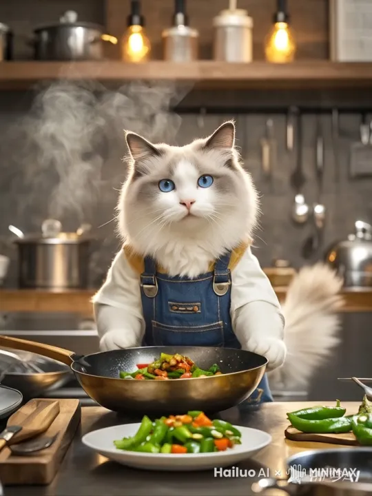 一只猫拟人化的在用炒菜铲，炒菜 by Hailuo AI Video Generator
