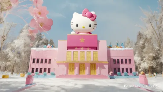 让建筑后面的Hello Kitty玩偶，慢慢的爬过房顶。 by Hailuo AI Video Generator
