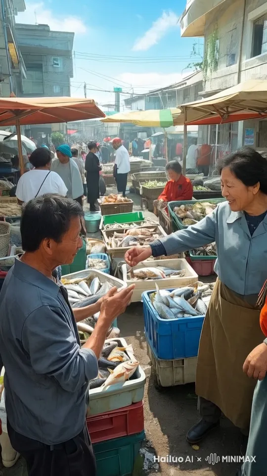 全画面的人走动起来热闹逛街，突出大哥和大姐讨价还价的动作言语中 by Hailuo AI Video Generator