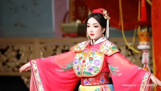 一个京剧女演员正在演出京剧，穿着京剧花旦服饰，正在演唱京剧。 by Hailuo AI Video Generator