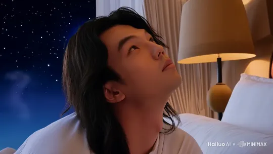 夜幕降临，星星在天空中闪烁。阿泽躺在床上，回想着时间之河的启示，渐渐进入了甜美的梦乡。 by Hailuo AI Video Generator