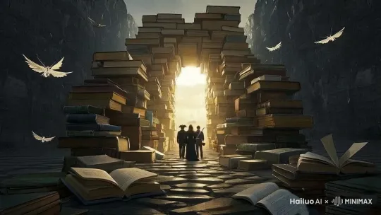 镜头一: 三个人平排站,背影,两男一女,女人穿着黑色长袍背着一把剑,一个男人带着海盗帽子,一个男人拿着酒壶。镜头二:三人穿过城门,古老的书籍堆砌而成的城墙上一只闭上的眼睛睁开,镜头拉进,眼睛里的画面是三人进入城门的样子,特写。 by Hailuo AI Video Generator