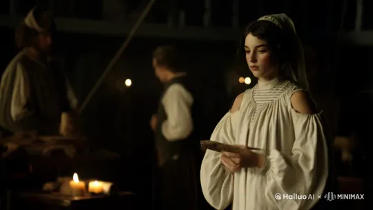 17th-Century Baroque Style (Caravaggio) An oil painting featuring a beautiful female doctor rendered with dramatic chiaroscuro lighting, creating depth and focus. The figure stands at the forefront, her doctor uniform starkly highlighted against the darker backdrop of a bustling galley. by Hailuo AI Video Generator