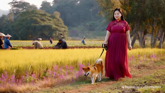一个中国身材高挑微胖的美女牵着一条柴犬在阳光明媚且风景美丽的农村散步，有狗尾草，有花，有树，有农民伯伯在耕田 by Hailuo AI Video Generator