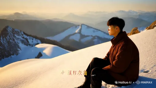 一个中国的年轻人孤独的坐在山顶看漫天雪花 by Hailuo AI Video Generator