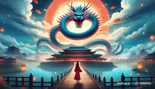 拉镜头，先聚焦在龙的头部，然后逐渐拉远，展现出整个包含古建筑、红衣女子、桥、圆月等元素的全景画面，体现场景的宏大。 by Hailuo AI Video Generator
