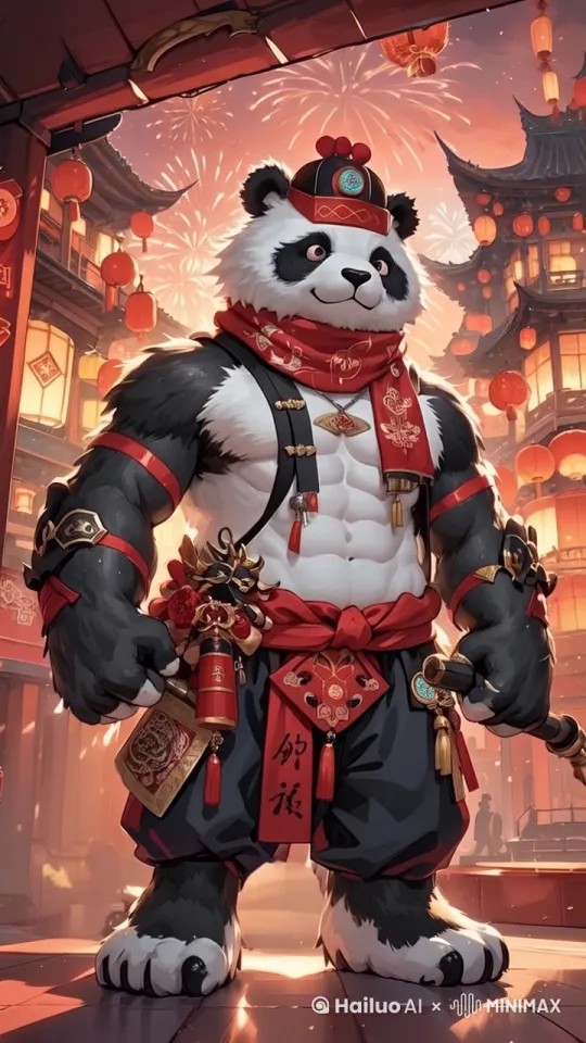 灯火通明烟花璀璨。功夫熊猫拿着双截棍练习中国功夫。动作敏捷流畅自然有力。功夫电影特效 by Hailuo AI Video Generator