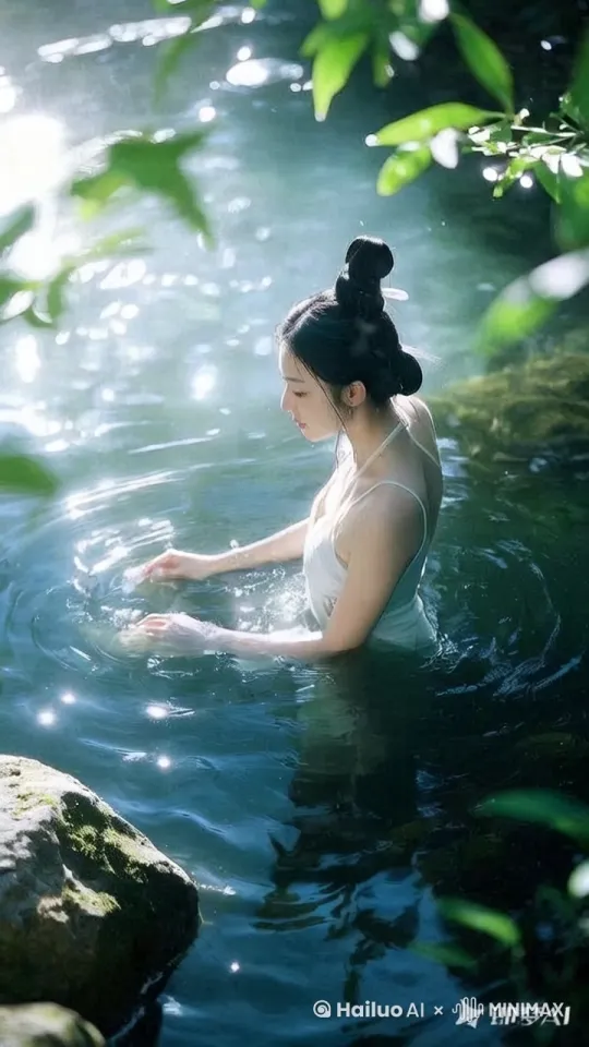 
 
在静谧的林间溪涧，阳光透过枝叶洒下斑驳光影。一位身着素雅白衣的女子，发髻高挽，宛如仙子。她缓缓步入清澈见底的溪水中，双手轻拂水面，泛起粼粼波光，周围绿意盎然，尽显空灵之美，仿佛一幅灵动的山水画卷在眼前徐徐展开。
 by Hailuo AI Video Generator