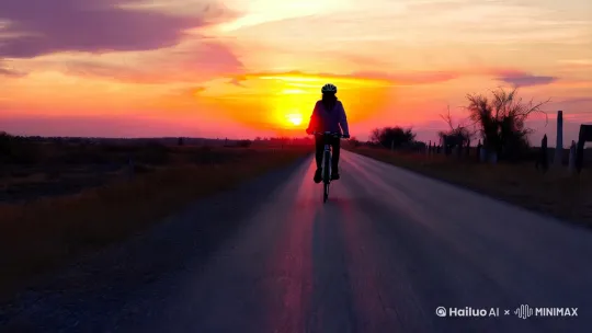 夕阳下，独自骑自行车向着太阳落山的方向行驶， by Hailuo AI Video Generator