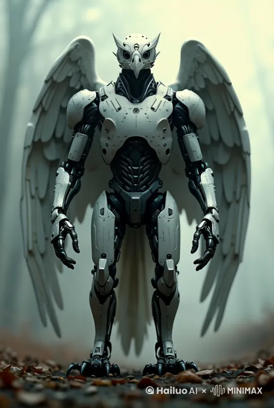 A winged old man robot with long wings, eyes glowing red, ready to take off, a very powerful image, a very sci-fi image by Hailuo AI Video Generator