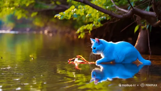 生成一个蓝色的胖猫在河里抓带鱼 by Hailuo AI Video Generator