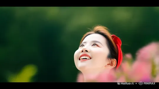 女主望着天空微笑，随后去身边的草地上采了一把花，抱在胸前低头细细的闻着 by Hailuo AI Video Generator
