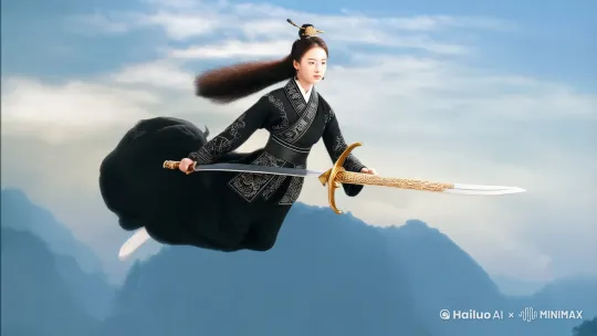 黑色宫装美女站在飞剑在蓝天上驰骋，镜头缓缓从上往下拉进，下面分布着云朵和隐约出现的山头，画面色调柔和 by Hailuo AI Video Generator