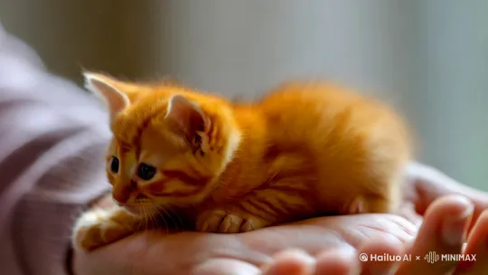 巴掌大小的一只橘色小奶猫，在我的手掌上玩耍 by Hailuo AI Video Generator