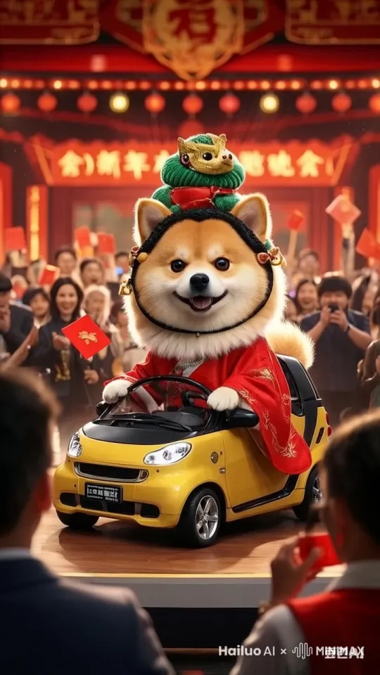 气氛热闹的春节联欢晚会上，憨态可掬的中华田园犬开着小汽车驶入舞台上，给台下的观众们发红包，现场一片欢腾，观众们都拍手叫好。动作真实流畅自然。顶级电影特效 by Hailuo AI Video Generator