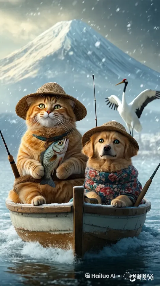 船向前行驶，猫满脸笑容，白鹤飞走了，水波荡漾。狗收鱼竿。 by Hailuo AI Video Generator