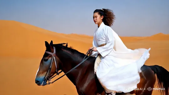 中国风 白衣长盘卷发少女 剑客 汗血宝马 骑马奔腾 戈壁沙漠 全景 由远及近 侧面 by Hailuo AI Video Generator
