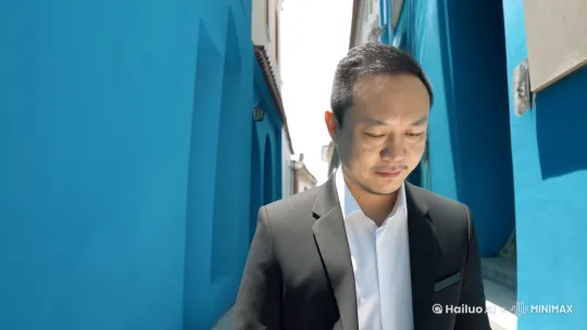 男人穿着黑色的西装，在一个天蓝色的小巷中行走，镜头跟随着他慢慢环绕，他英俊的面容露出一丝忧愁，随即淡淡的微笑 by Hailuo AI Video Generator