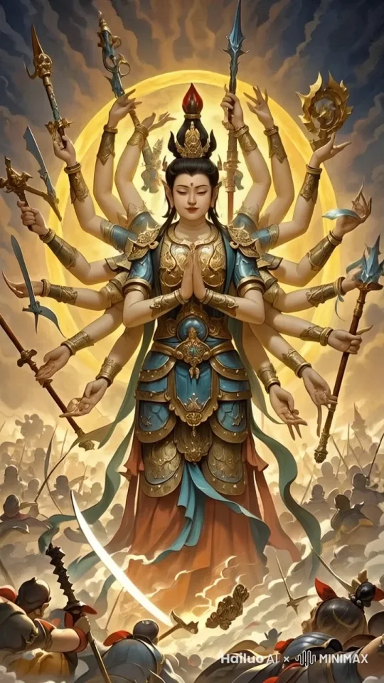 千手观音斗万魔妖怪，动作自由发挥，场面震撼，电影效果。角色表现增强，稳定，流畅，生动。 by Hailuo AI Video Generator
